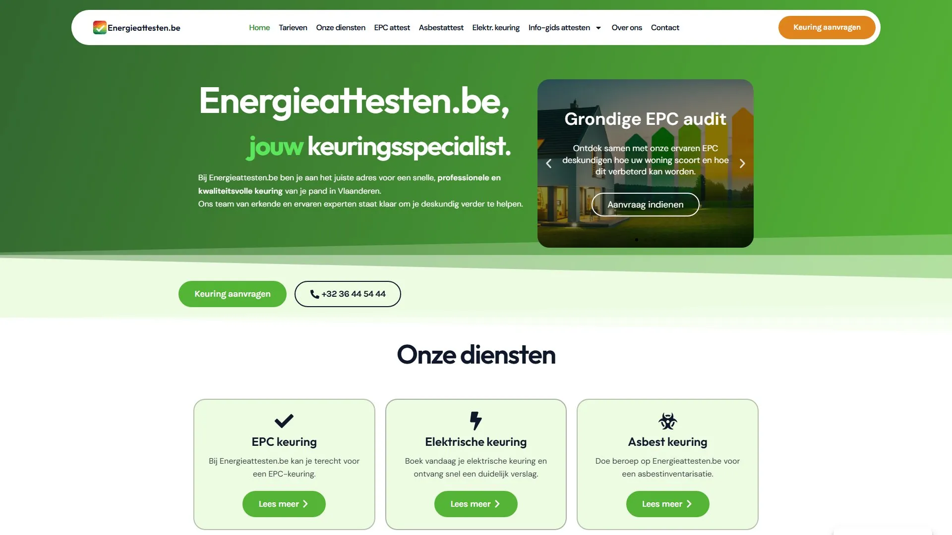 De homepage van Energieattesten.be met de knoppen Keuring aanvragen en telefoon
