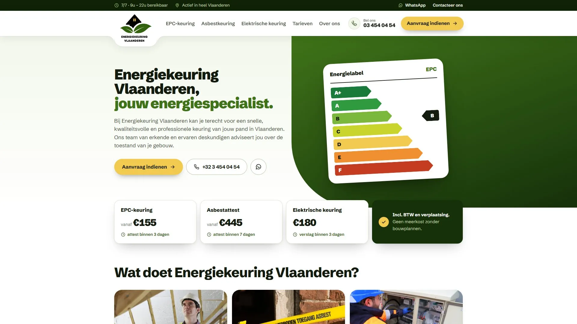 De homepage van Energiekeuring Vlaanderen met een energielabel, de vaste prijzen per keuring en de knoppen Aanvraag indienen, telefoon en WhatsApp
